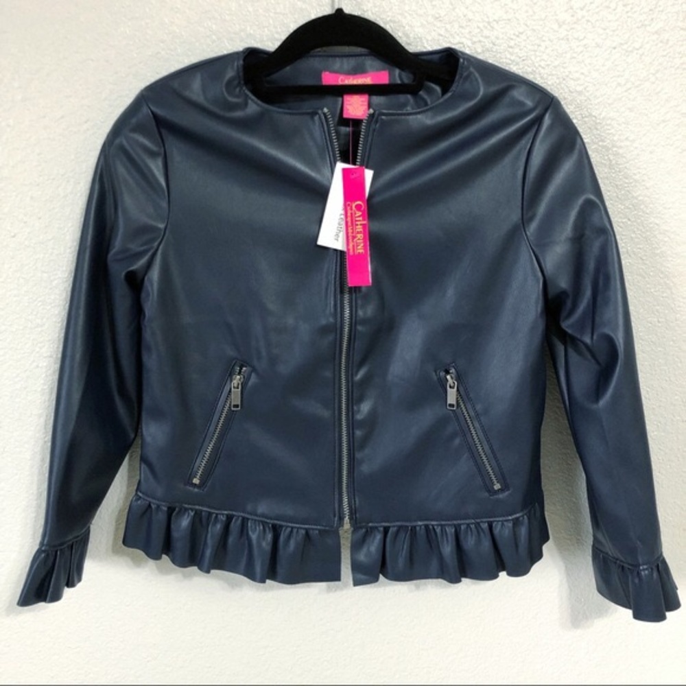 Navy three quarter length faux leather jacket